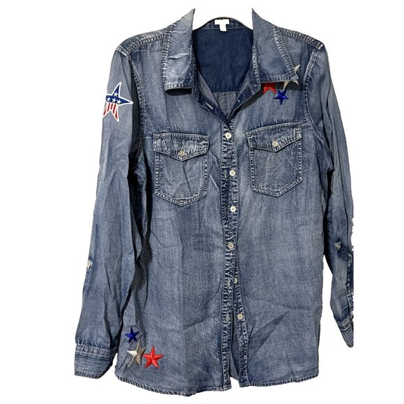 Reba Light Denim Button Up Shirt Patriotic Stars Size Medium - Picture 2 of 5